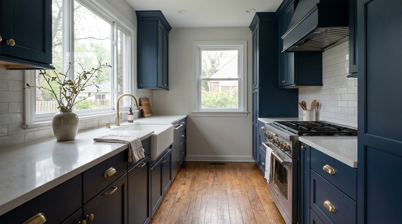 Freshly painted navy kitchen cabinets with brass hardware in a Metro Detroit home