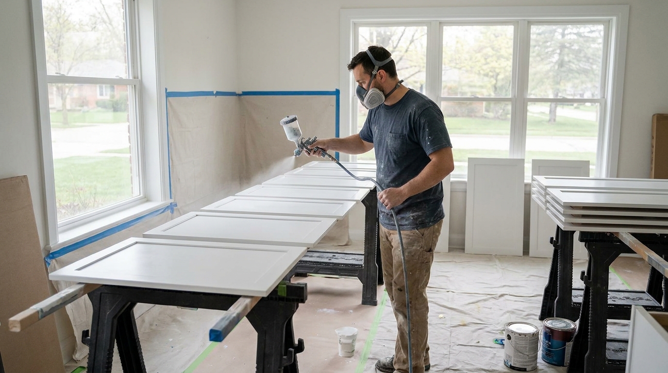 Professional painter applying a cabinet-grade finish to labeled kitchen doors