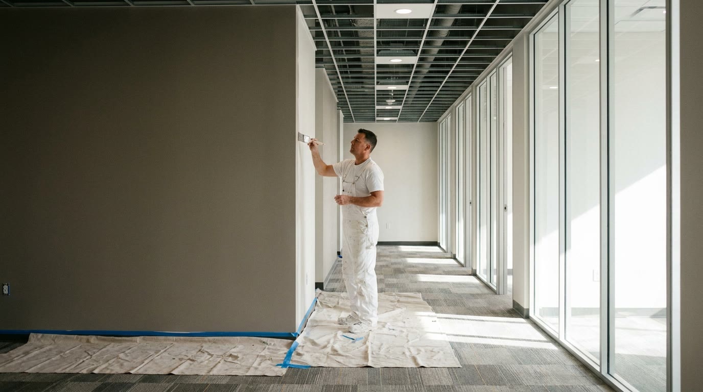 Painter cutting in a corridor wall inside an unoccupied Oakland County office building