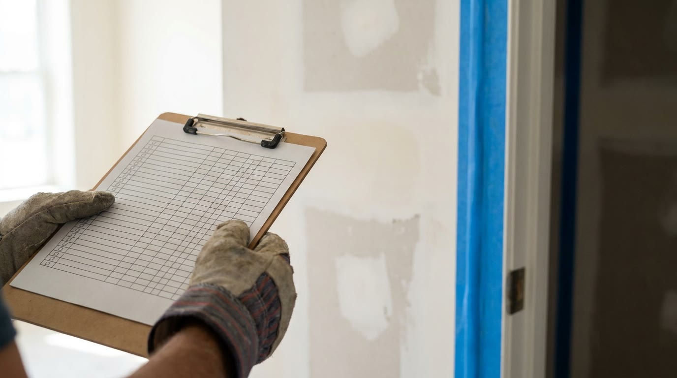 Room-by-room scope checklist held against a patched and prepared commercial office wall