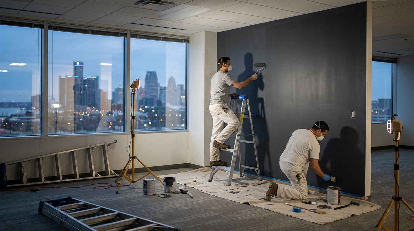 Professional painters refreshing a modern Metro Detroit office after business hours