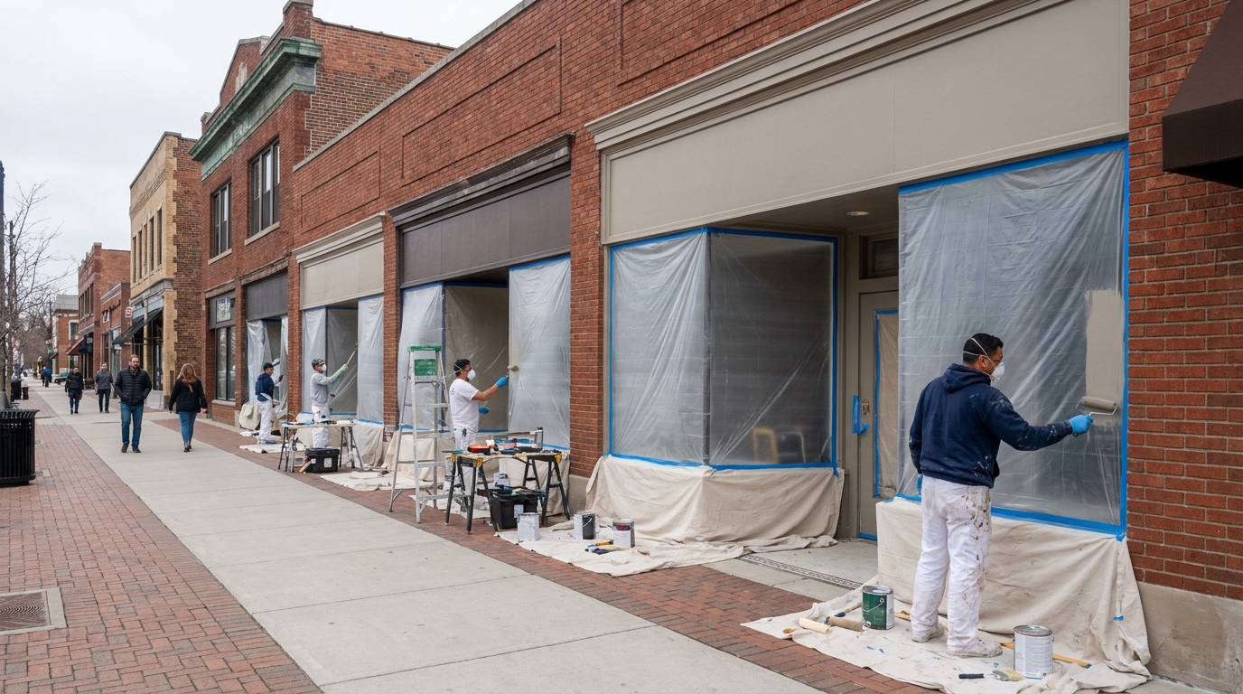 Protected commercial corridor divided into organized painting work zones