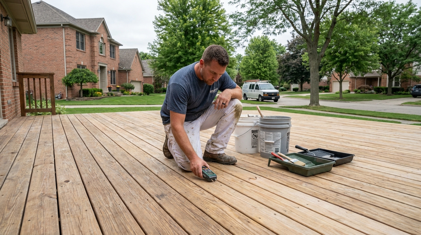 Professional painter checking clean dry deck boards before applying stain