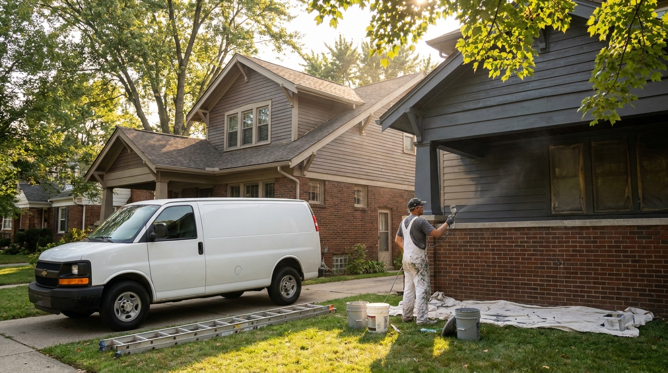 Professional painter coating the exterior of a Metro Detroit home on a clear mild day