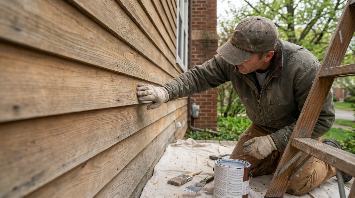 Painter checking prepared wood siding before exterior primer application in Michigan