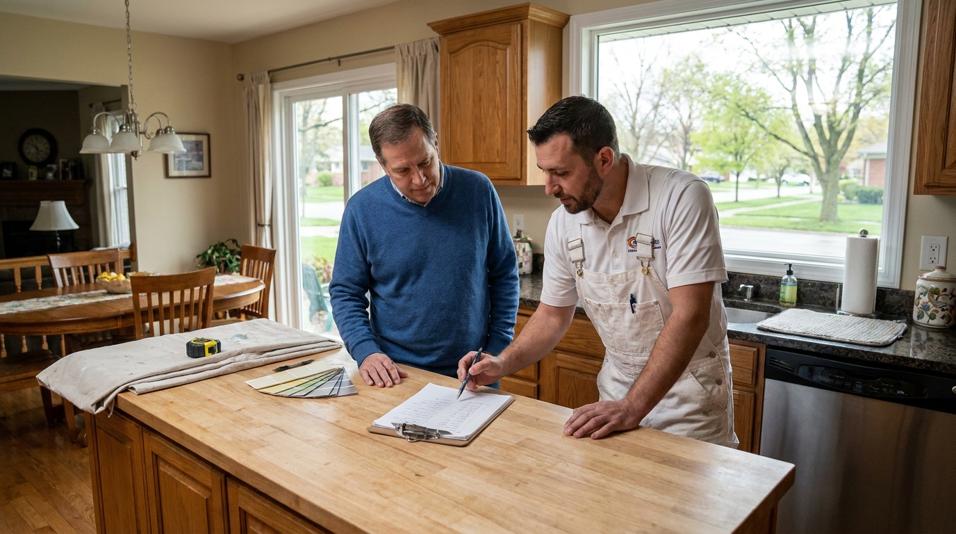 Homeowner reviewing a written painting proposal with an insured Metro Detroit painter