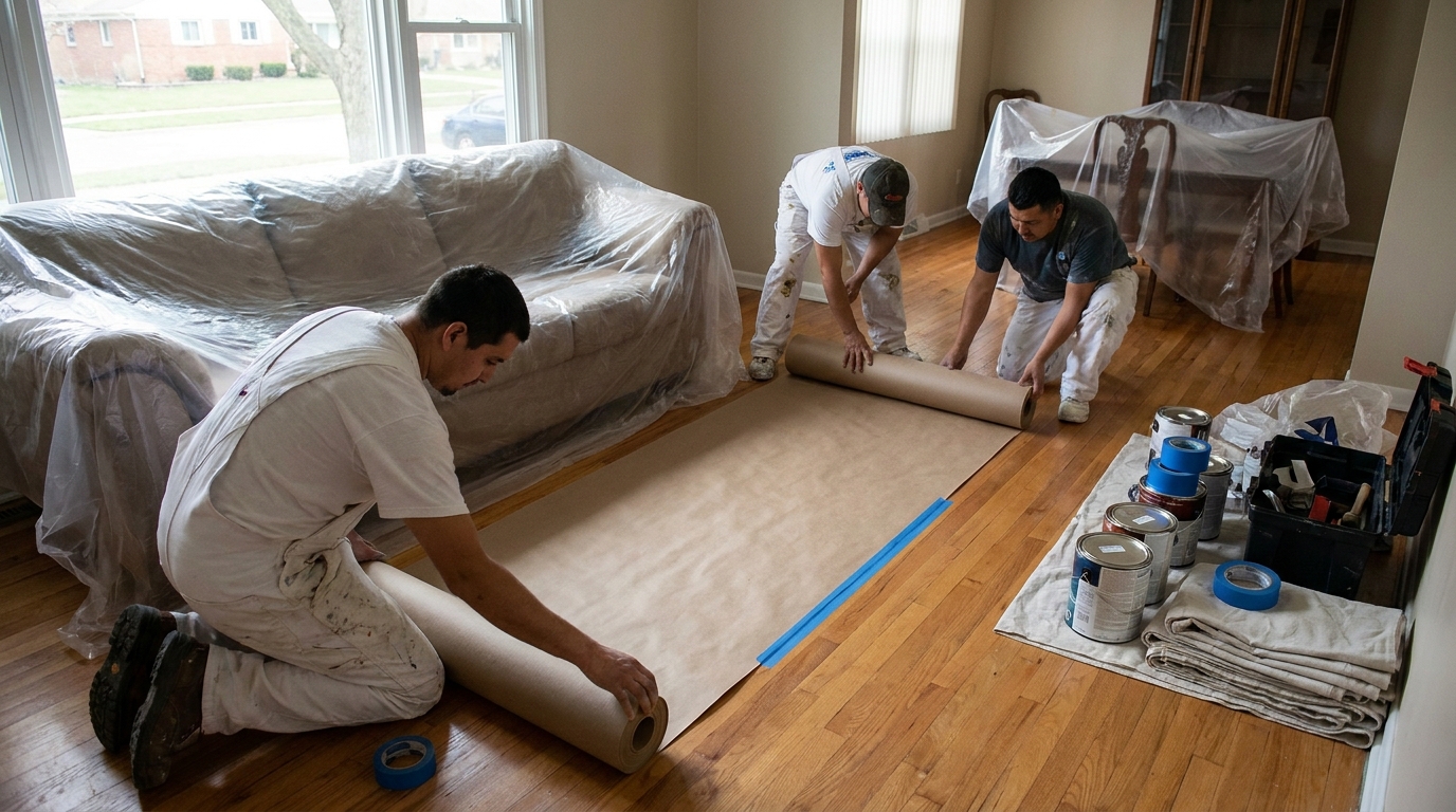 Organized professional painting crew protecting floors before an interior project