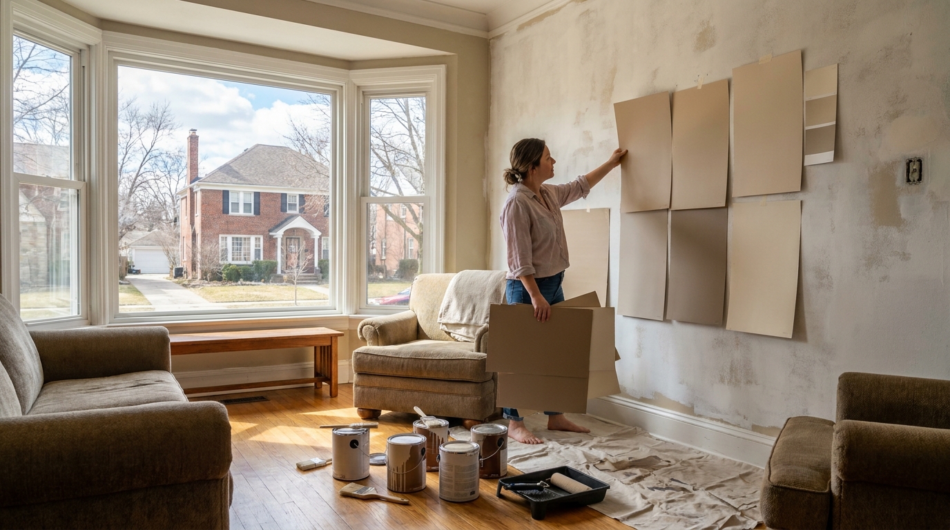 Homeowner comparing warm neutral paint samples in a bright Metro Detroit living room