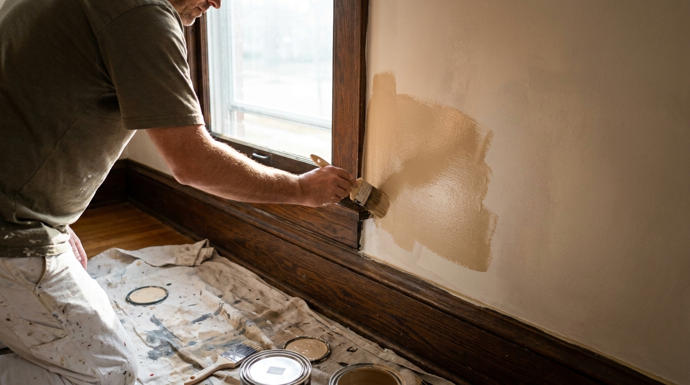 Professional painter applying a sample color beside wood trim in a Michigan home