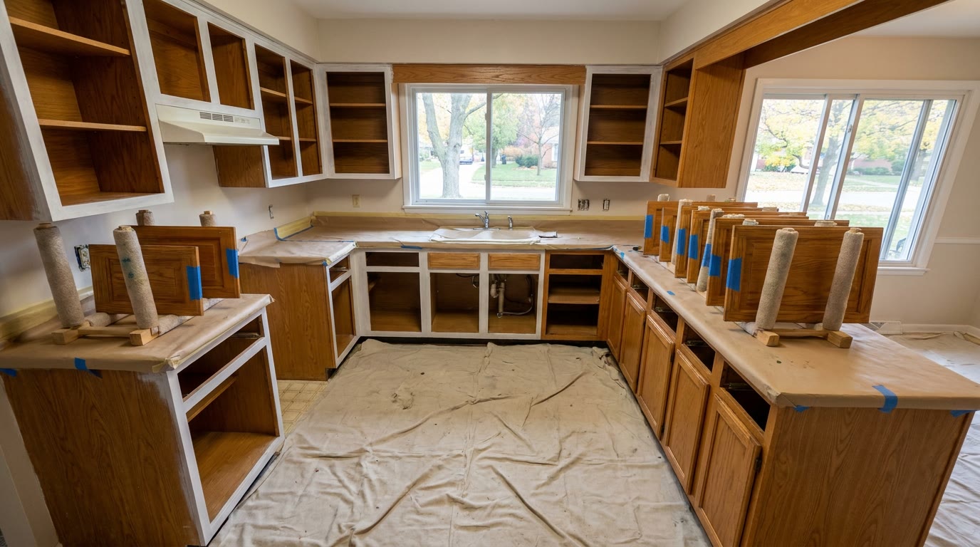 Oak kitchen cabinets partly primed white, with the labeled doors set out on stands, in a Metro Detroit kitchen during a cabinet painting project