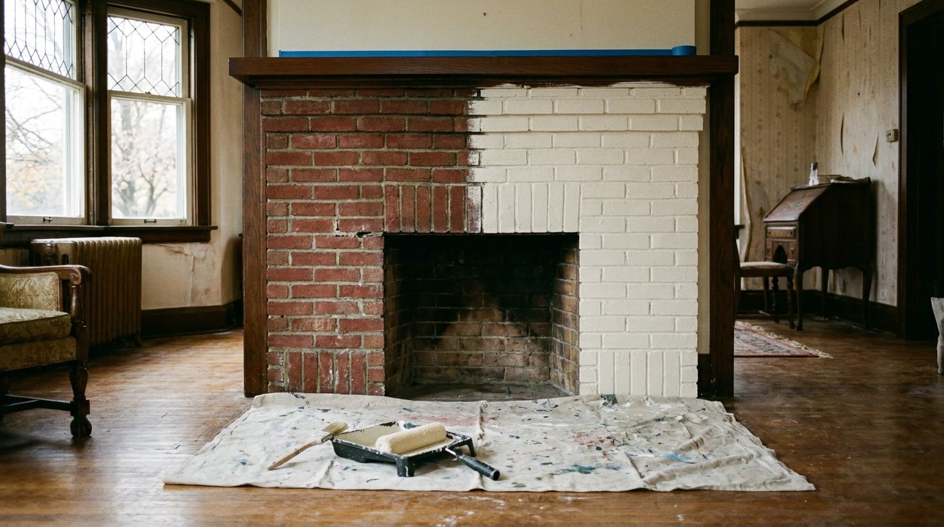 Red brick fireplace half painted warm white in an older Metro Detroit living room, with a roller and drop cloth on the floor