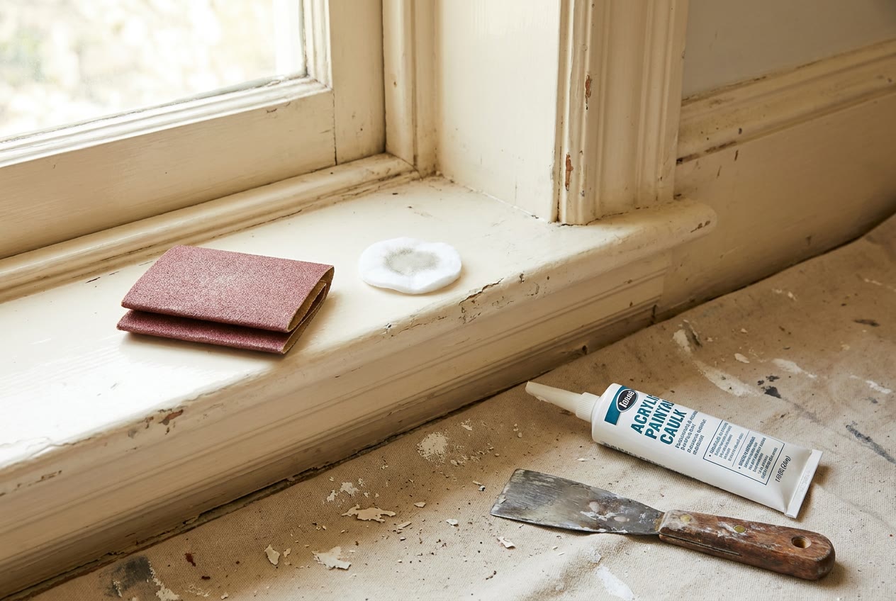 Chipped old enamel on window trim with a sanding pad, a cotton test pad, caulk, and a putty knife set out before repainting
