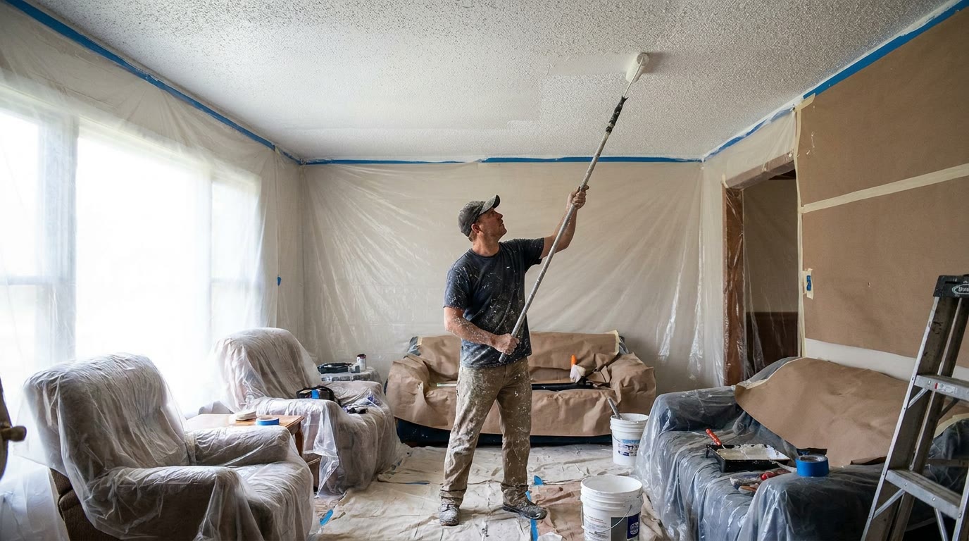 Painter rolling fresh coating across a textured popcorn ceiling in a protected Metro Detroit living room