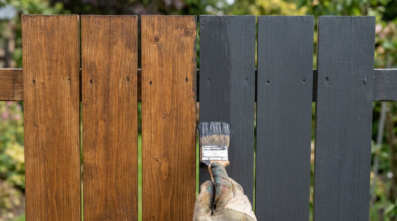 Fence boards showing a semi-transparent stain beside a solid opaque finish for comparison