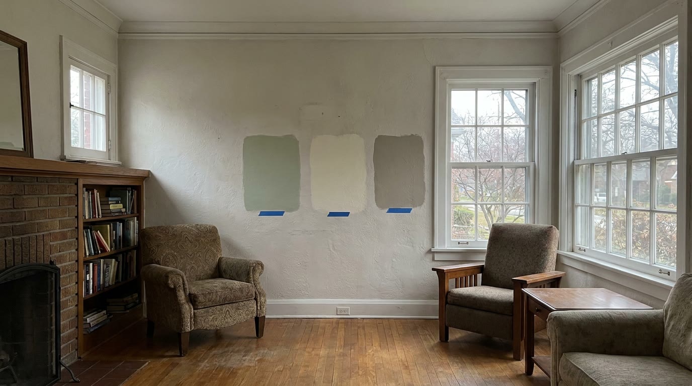 Three large paint color samples painted on a plaster wall beside a window in a Metro Detroit home on an overcast fall day