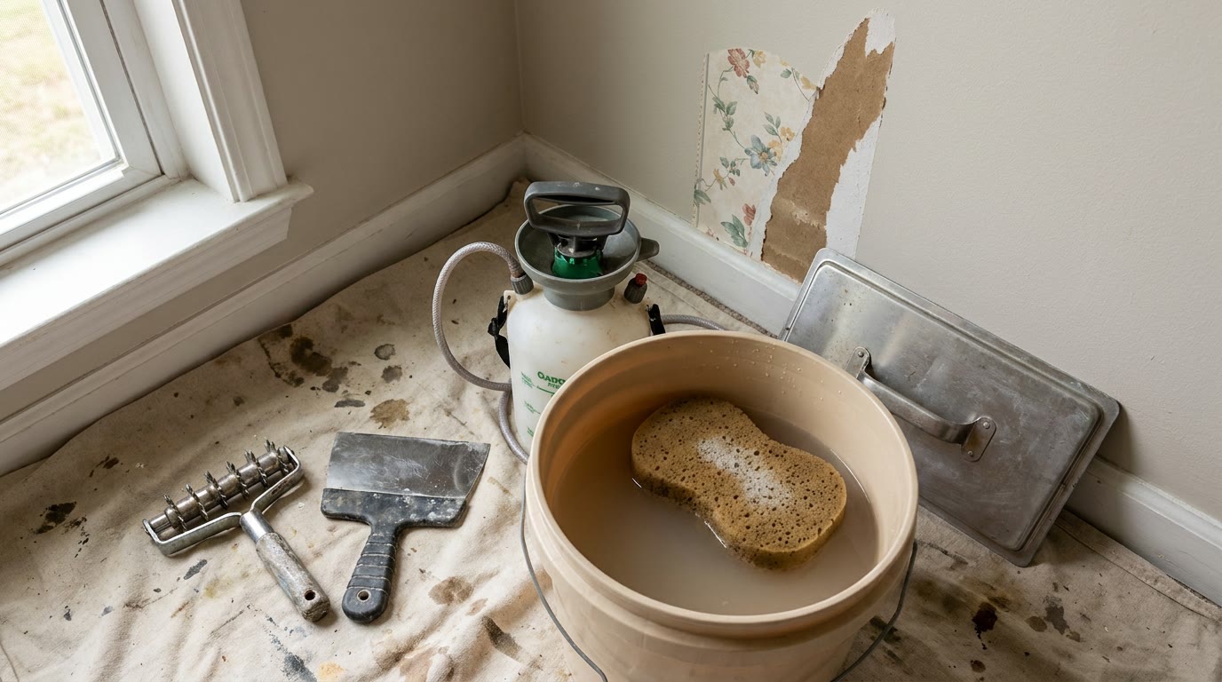 Wallpaper removal tools laid out on a drop cloth beside a small test patch peeled back from the wall, showing torn drywall facing underneath