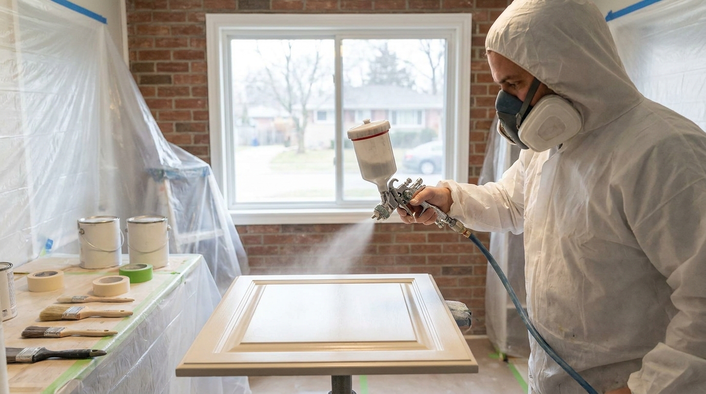 Kitchen cabinets with a smooth new painted finish in a Metro Detroit home