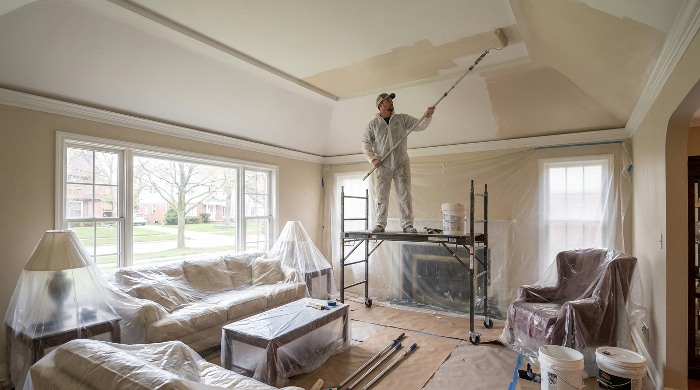 Painter on a rolling scaffold painting a living room ceiling, with the room's furniture and fireplace wrapped in plastic