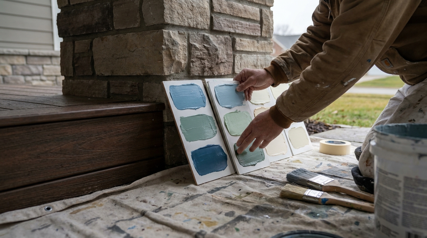 Painter rolling a sample color onto an interior wall next to wood trim