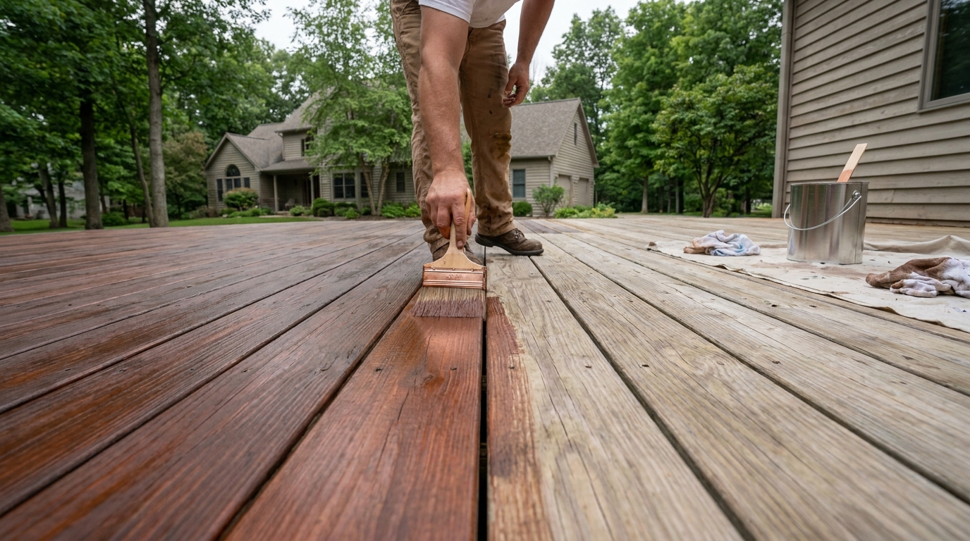 Painter brushing a reddish semi-transparent stain onto weathered deck boards behind a Michigan home, with a stain can and rags on a drop cloth
