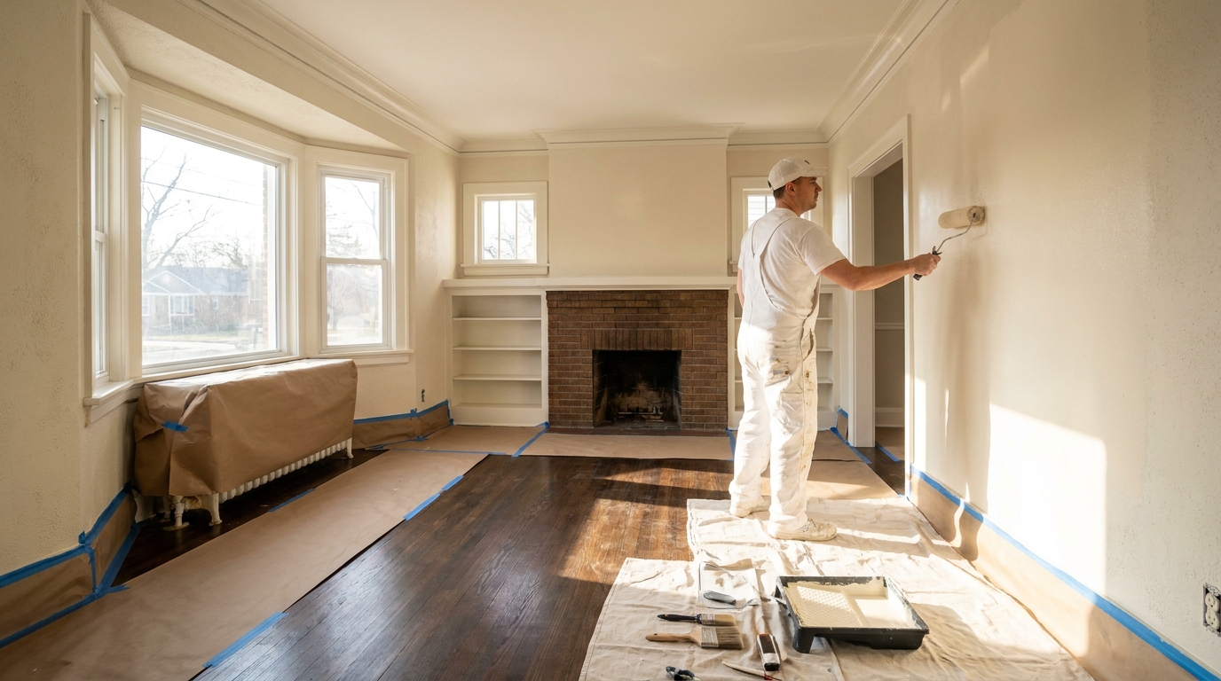 Painter rolling a wall in an empty Metro Detroit living room, baseboards taped off and the hardwood floor covered with paper and drop cloths