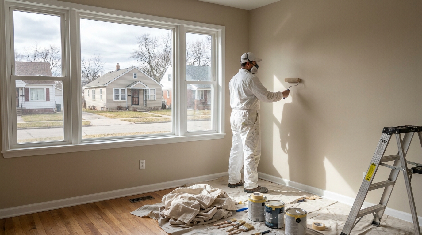Painter rolling a neutral wall color in an empty rental living room in a Metro Detroit neighborhood