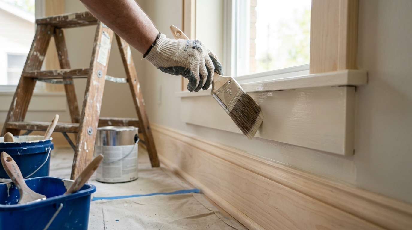 Gloved hand brushing paint onto a window sill and apron, with a ladder, a paint can and buckets on a drop cloth behind